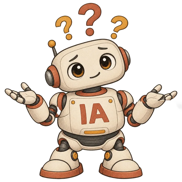 Un robot simpático con las letras IA en el pecho se encoge de hombros bajo tres signos de interrogación.
