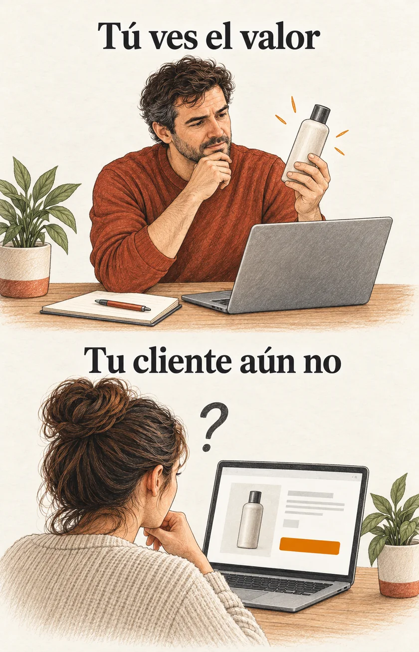 Tú ves el valor. Tu cliente aún no. Un creador aprecia su producto mientras una clienta duda al verlo en su página.